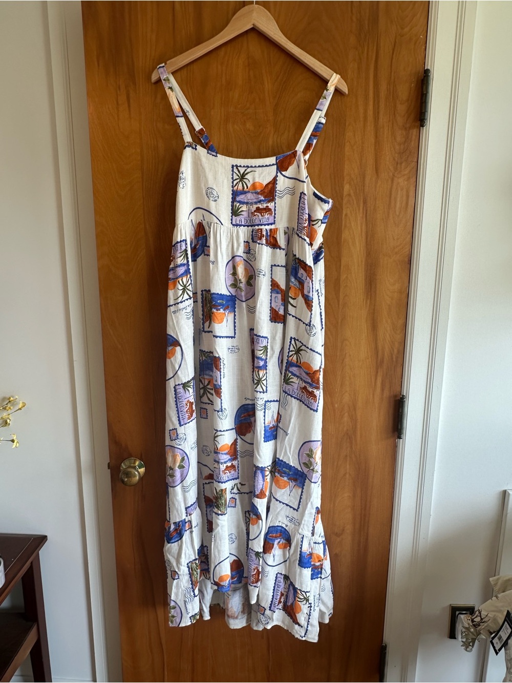 Women’s White Maxi Sundress with Blue and Orange Print